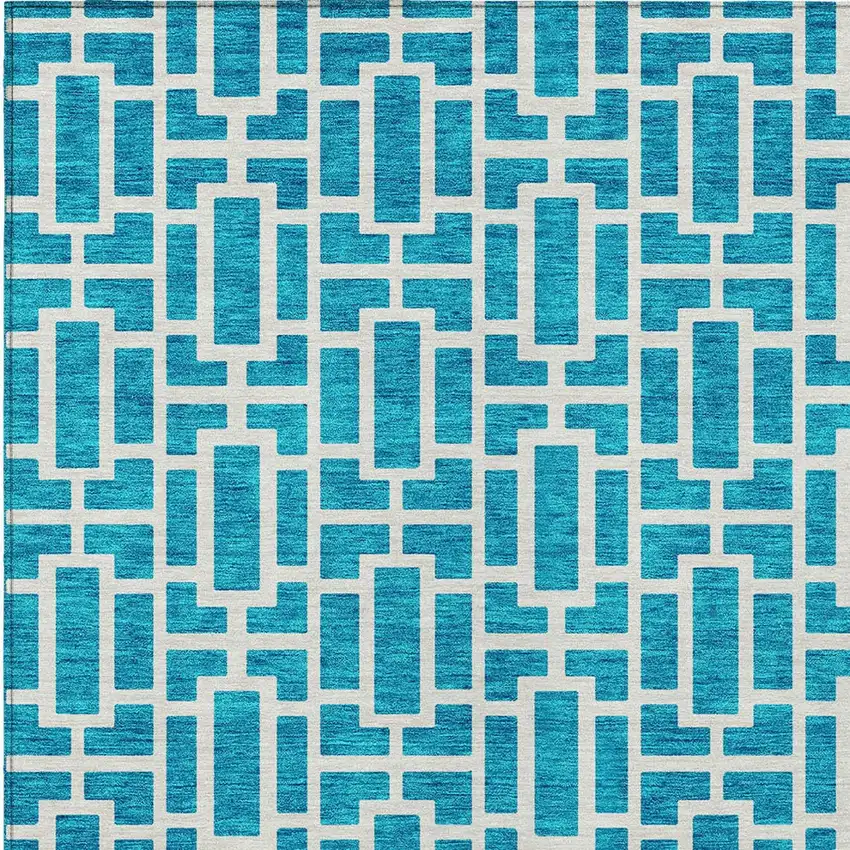 Turquoise And Ivory Geometric Washable Indoor Outdoor Area Rug Photo 6