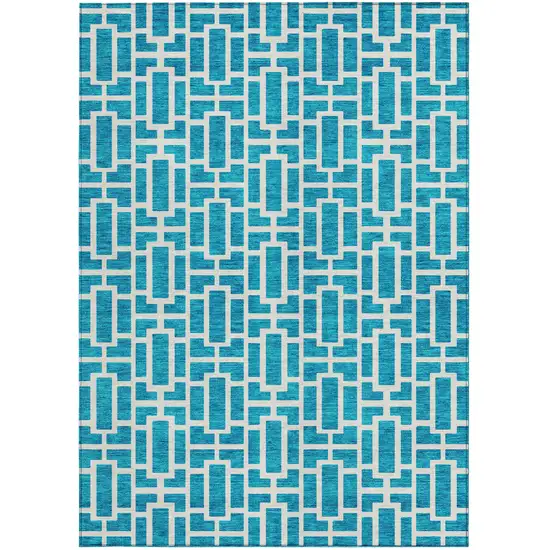 Turquoise And Ivory Geometric Washable Indoor Outdoor Area Rug Photo 7
