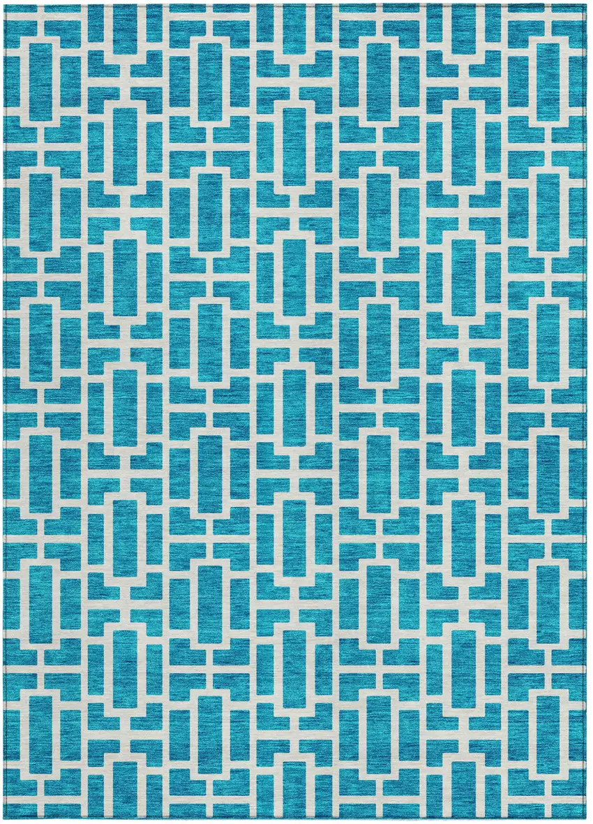 Turquoise And Ivory Geometric Washable Indoor Outdoor Area Rug Photo 7