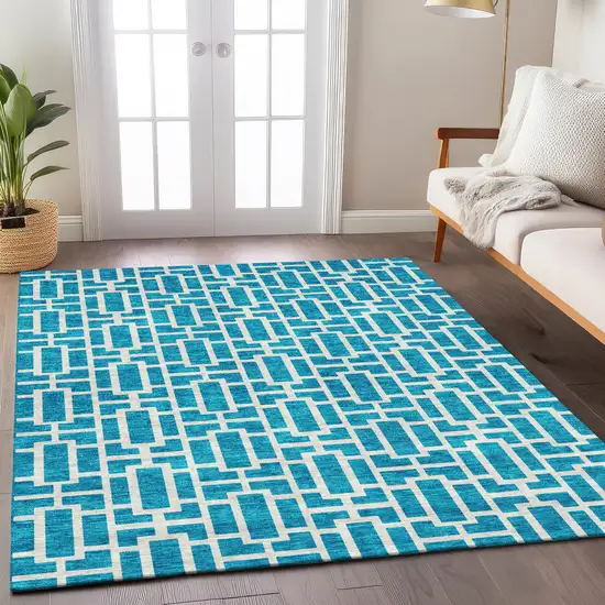 Turquoise And Ivory Geometric Washable Indoor Outdoor Area Rug Photo 9
