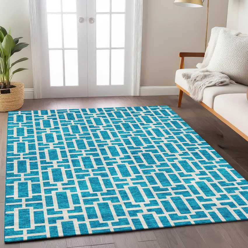 Turquoise And Ivory Geometric Washable Indoor Outdoor Area Rug Photo 9