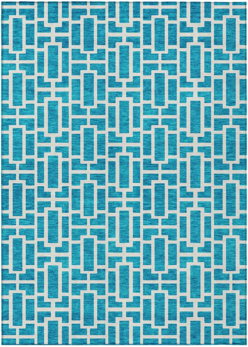 Turquoise And Ivory Geometric Washable Indoor Outdoor Area Rug Photo 2