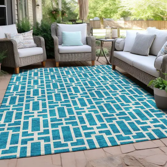 Turquoise And Ivory Geometric Washable Indoor Outdoor Area Rug Photo 8