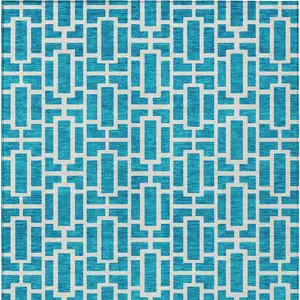 Photo of Turquoise And Ivory Geometric Washable Indoor Outdoor Area Rug