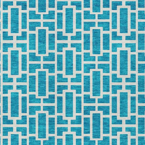 Turquoise And Ivory Geometric Washable Indoor Outdoor Area Rug Photo 6