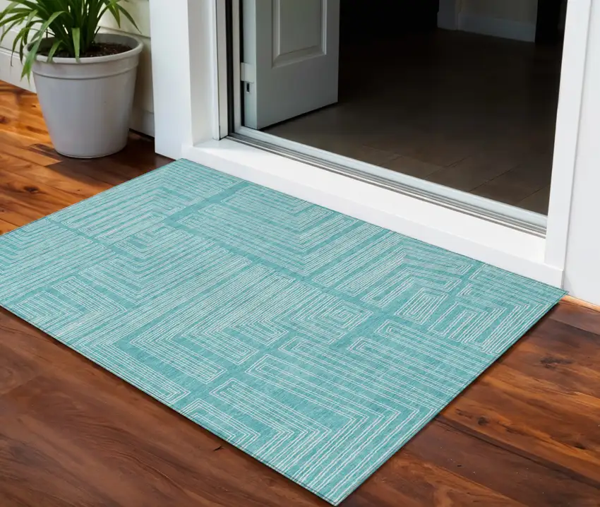 Turquoise And Ivory Geometric Washable Indoor Outdoor Area Rug Photo 1