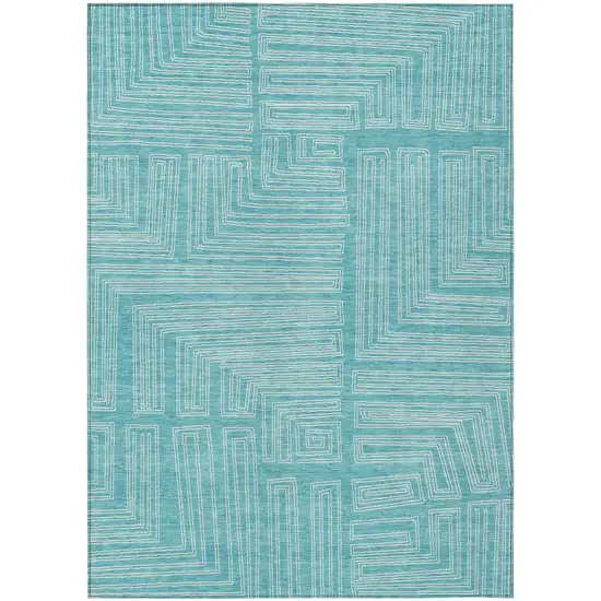 Turquoise And Ivory Geometric Washable Indoor Outdoor Area Rug Photo 2