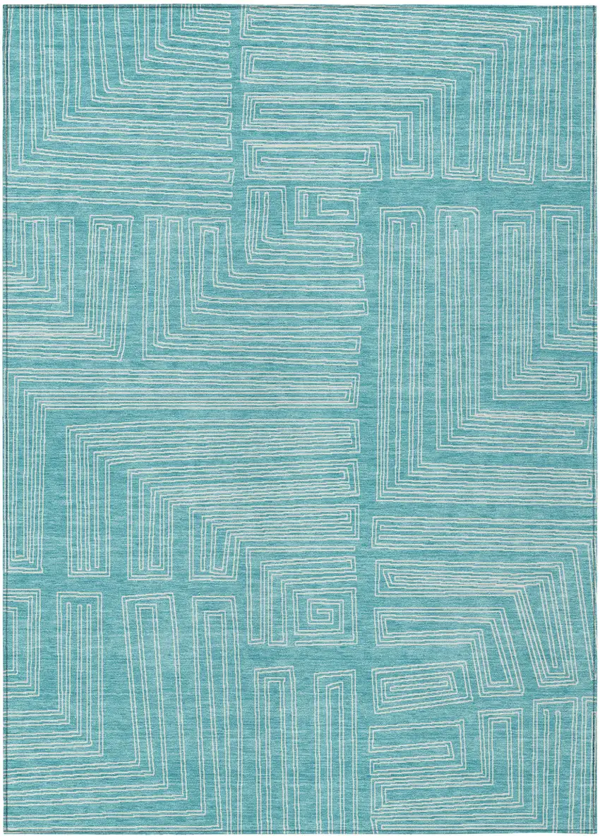 Turquoise And Ivory Geometric Washable Indoor Outdoor Area Rug Photo 2
