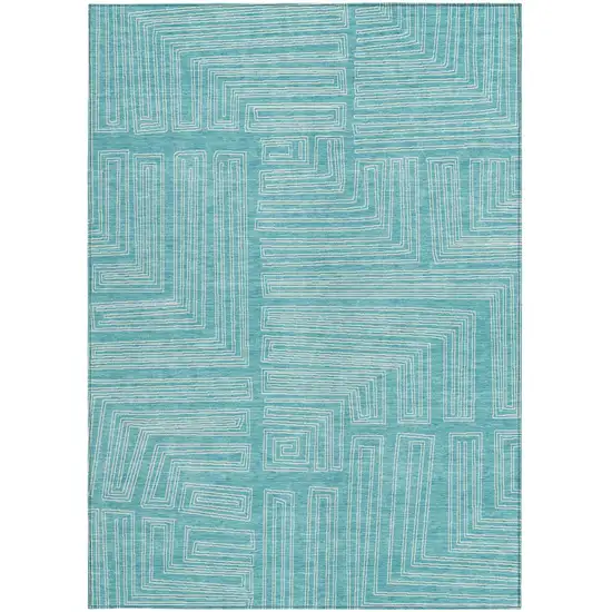 Turquoise And Ivory Geometric Washable Indoor Outdoor Area Rug Photo 6