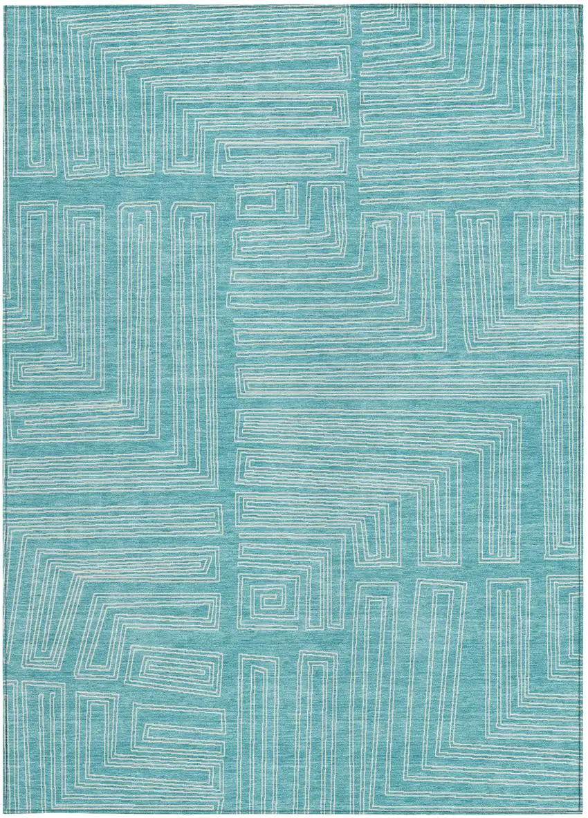 Turquoise And Ivory Geometric Washable Indoor Outdoor Area Rug Photo 6