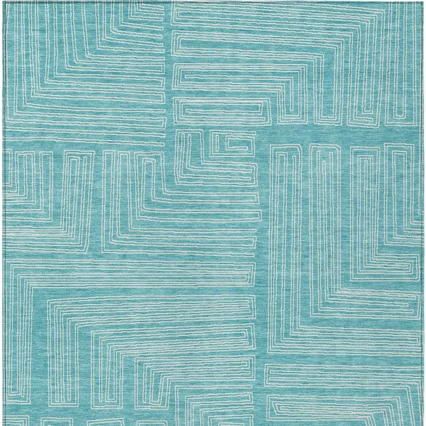 Turquoise And Ivory Geometric Washable Indoor Outdoor Area Rug Photo 5