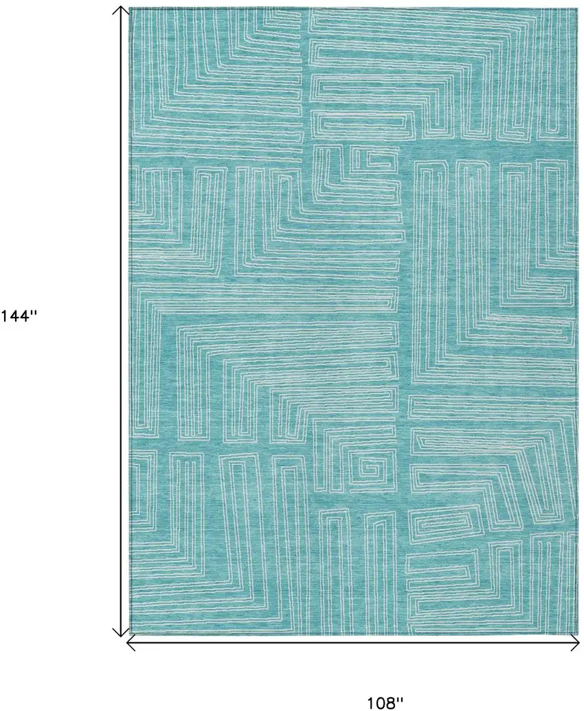 Turquoise And Ivory Geometric Washable Indoor Outdoor Area Rug Photo 7