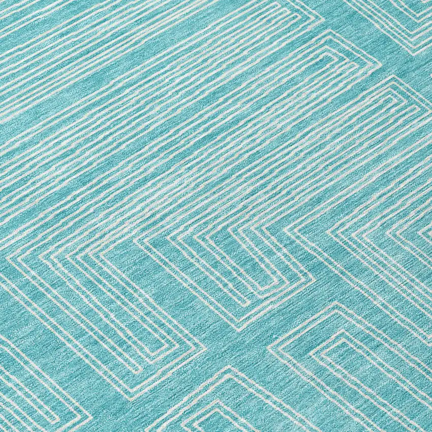 Turquoise And Ivory Geometric Washable Indoor Outdoor Area Rug Photo 8