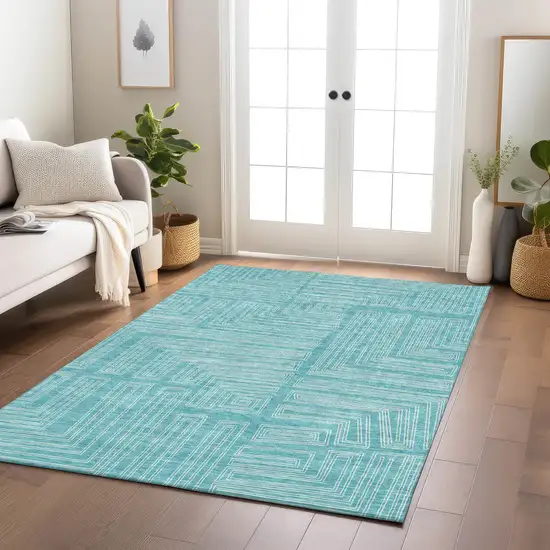Turquoise And Ivory Geometric Washable Indoor Outdoor Area Rug Photo 9