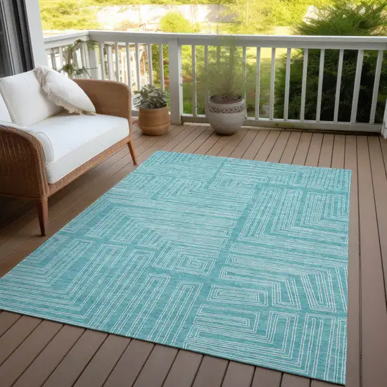 Turquoise And Ivory Geometric Washable Indoor Outdoor Area Rug Photo 7