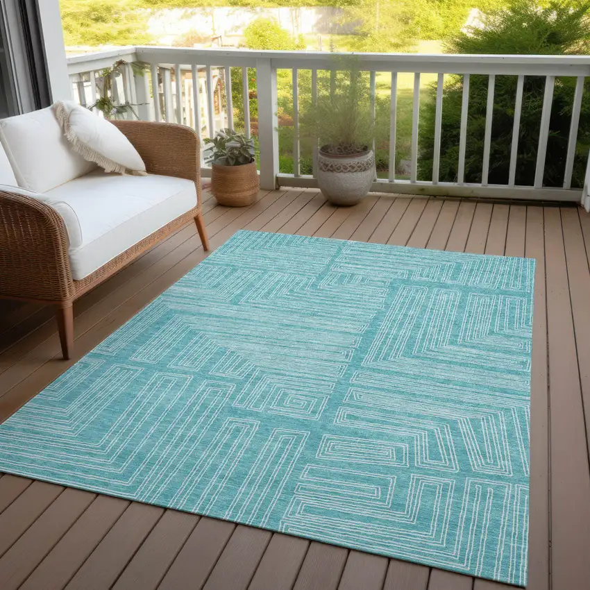 Turquoise And Ivory Geometric Washable Indoor Outdoor Area Rug Photo 7
