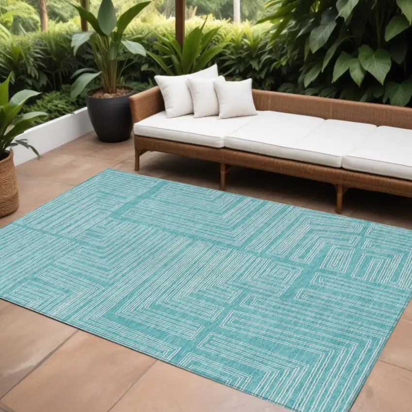 Turquoise And Ivory Geometric Washable Indoor Outdoor Area Rug Photo 1
