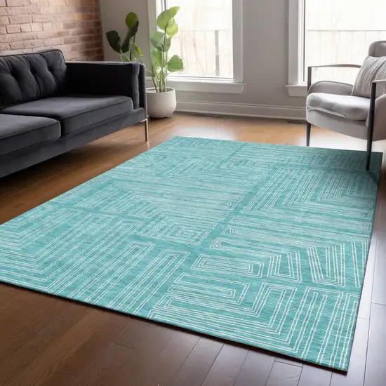 Turquoise And Ivory Geometric Washable Indoor Outdoor Area Rug Photo 8