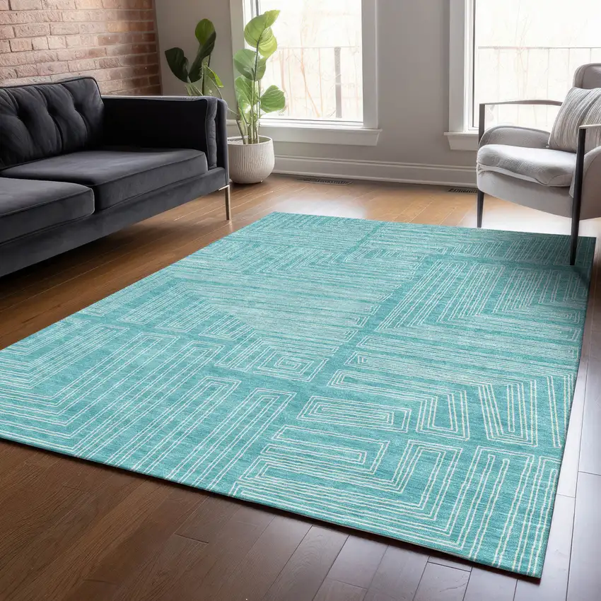 Turquoise And Ivory Geometric Washable Indoor Outdoor Area Rug Photo 8