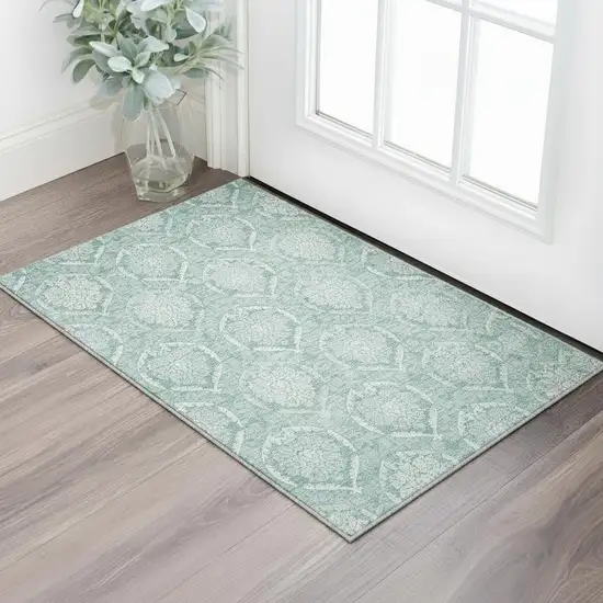 Turquoise And Ivory Medallion Washable Area Rug With UV Protection Photo 2