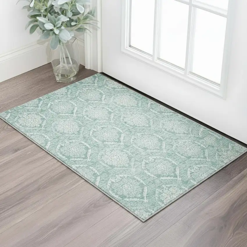 Turquoise And Ivory Medallion Washable Area Rug With UV Protection Photo 2