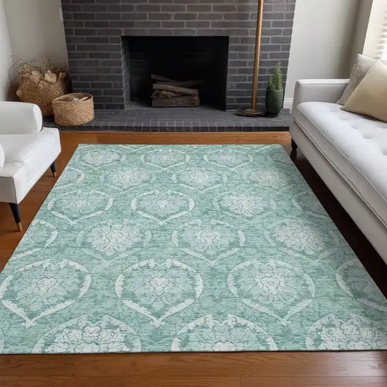 Turquoise And Ivory Medallion Washable Area Rug With UV Protection Photo 5