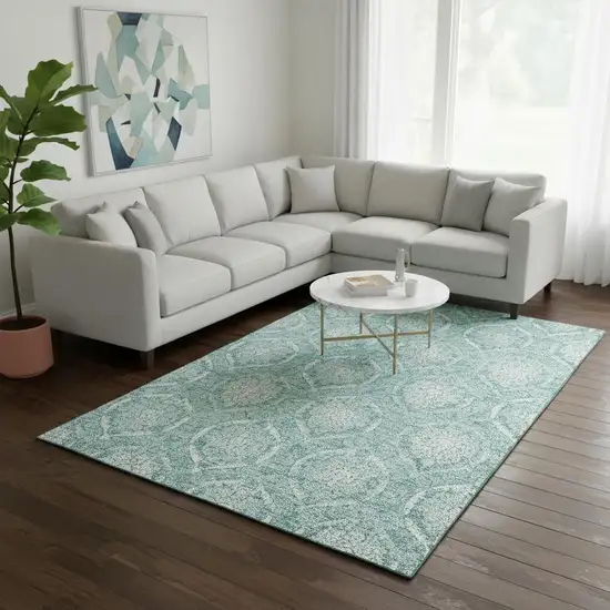 Turquoise And Ivory Medallion Washable Area Rug With UV Protection Photo 2