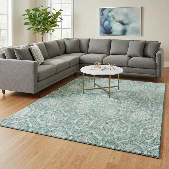 Turquoise And Ivory Medallion Washable Area Rug With UV Protection Photo 2