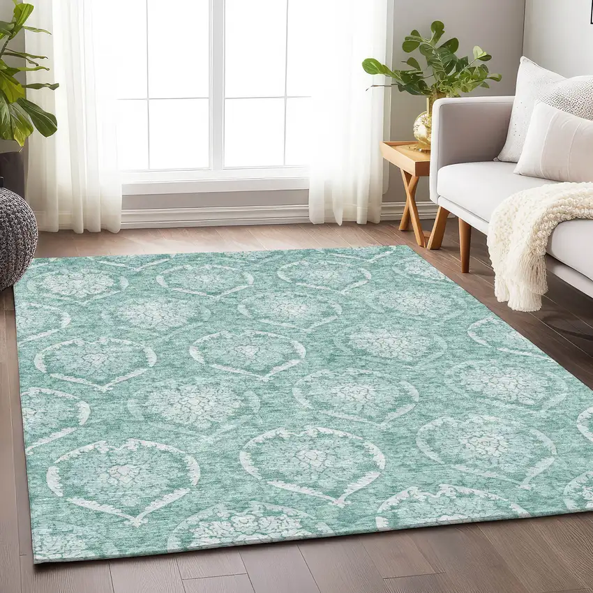 Turquoise And Ivory Medallion Washable Area Rug With UV Protection Photo 6