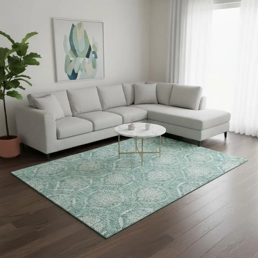 Turquoise And Ivory Medallion Washable Area Rug With UV Protection Photo 2