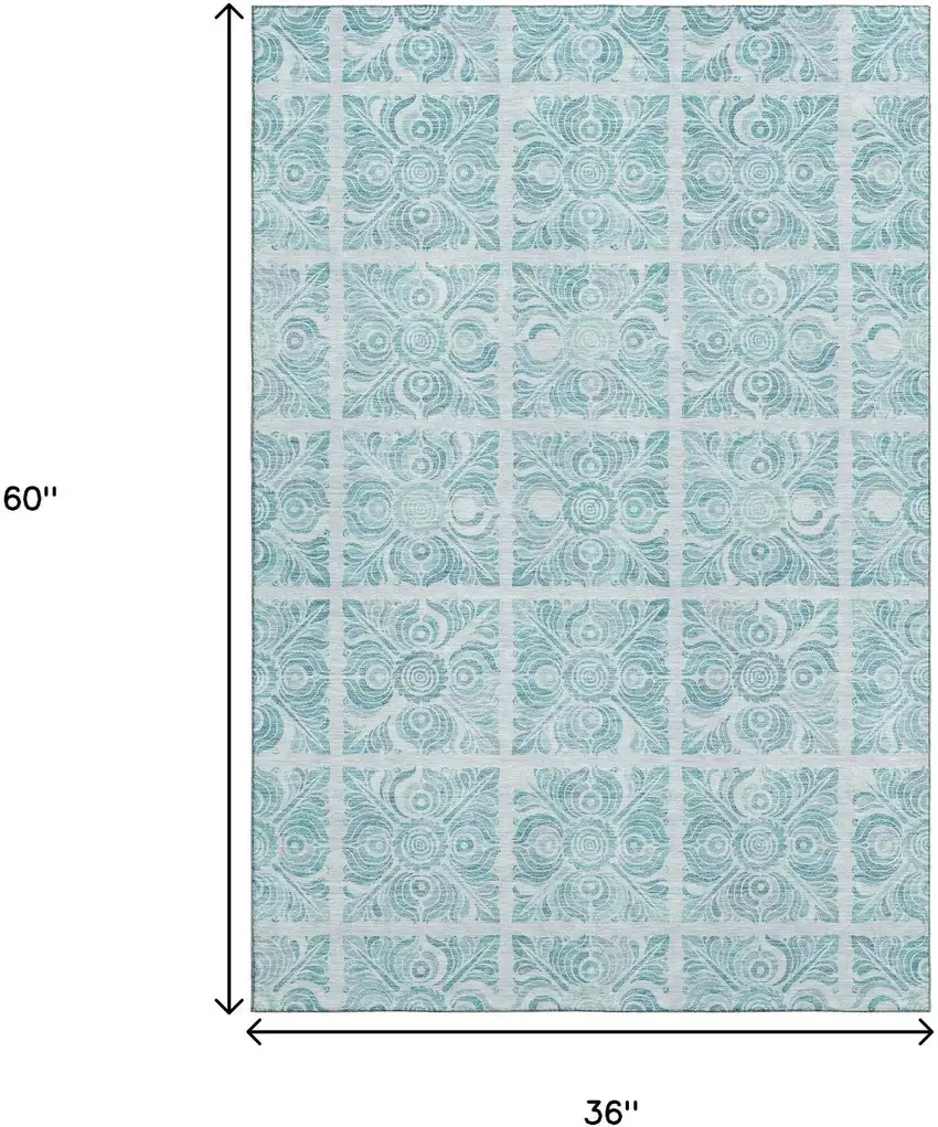 Turquoise And Ivory Medallion Washable Area Rug With UV Protection Photo 3