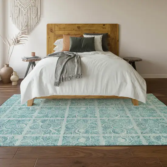 Turquoise And Ivory Medallion Washable Area Rug With UV Protection Photo 6