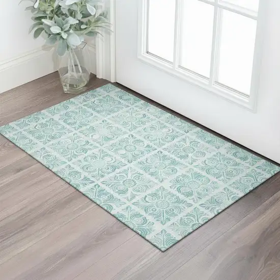 Turquoise And Ivory Medallion Washable Area Rug With UV Protection Photo 1