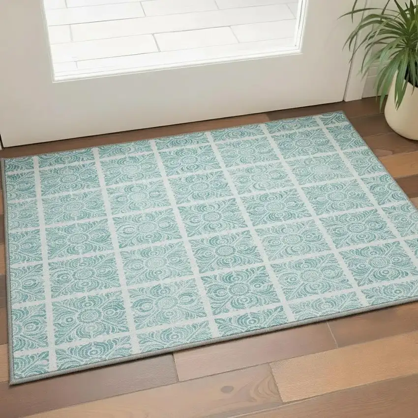 Turquoise And Ivory Medallion Washable Area Rug With UV Protection Photo 2