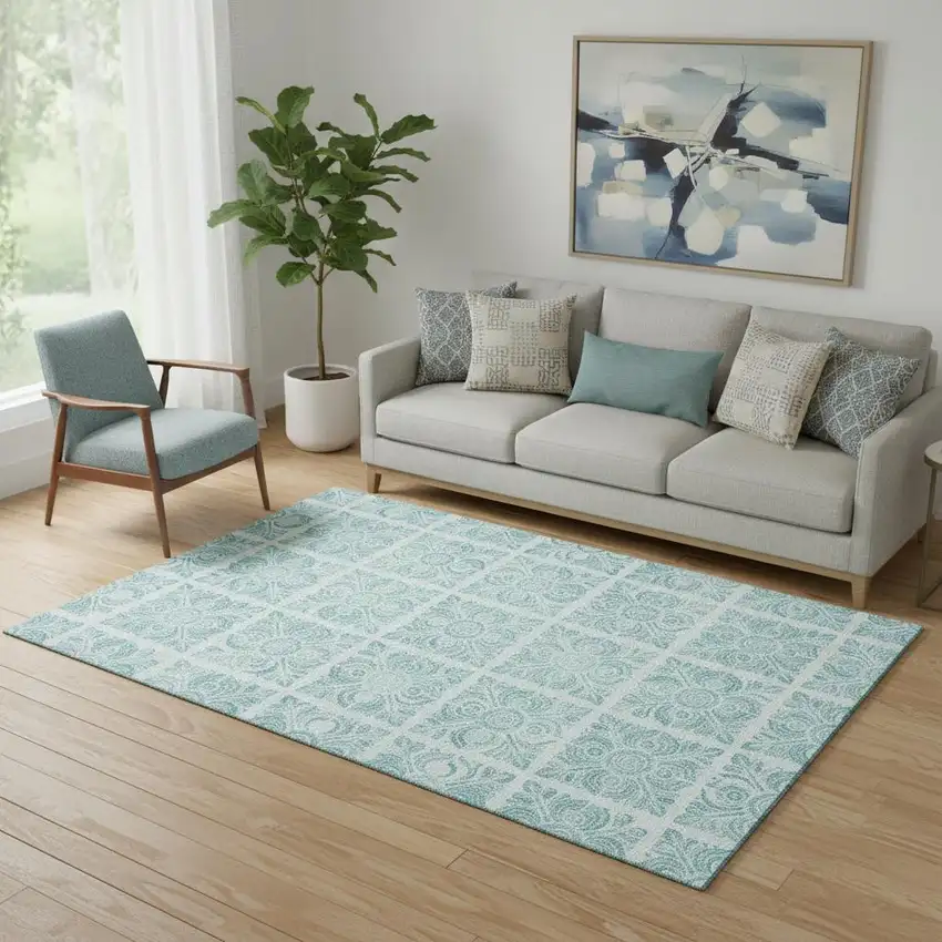 Turquoise And Ivory Medallion Washable Area Rug With UV Protection Photo 1