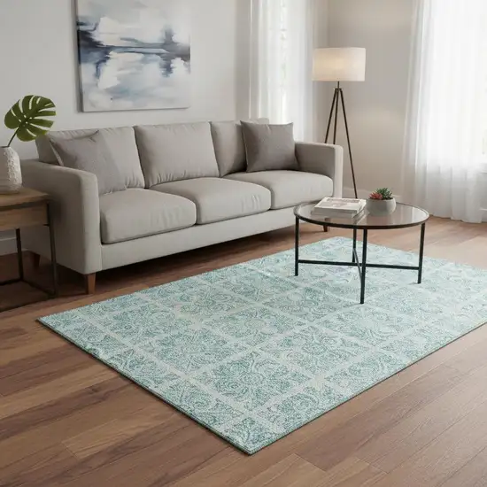 Turquoise And Ivory Medallion Washable Area Rug With UV Protection Photo 2