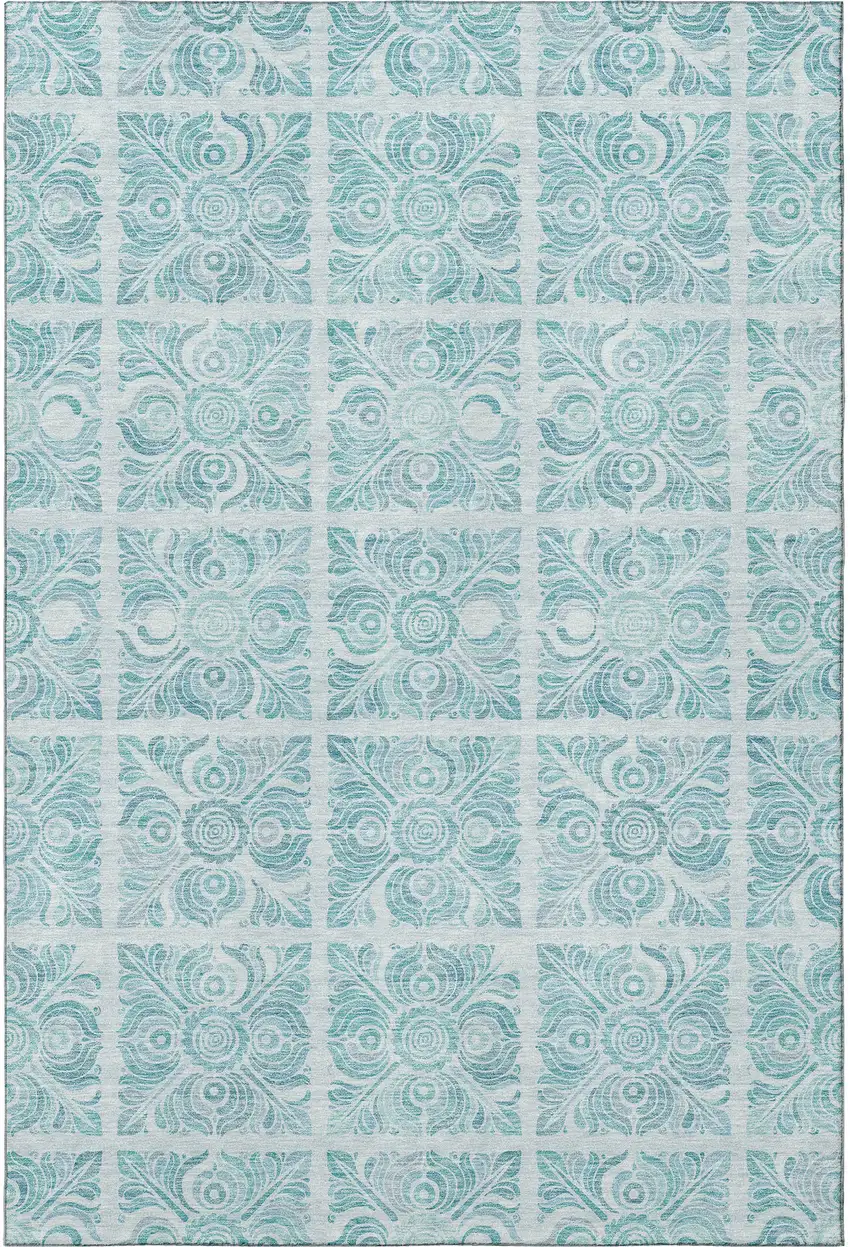 Turquoise And Ivory Medallion Washable Area Rug With UV Protection Photo 4