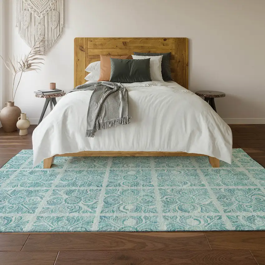 Turquoise And Ivory Medallion Washable Area Rug With UV Protection Photo 6