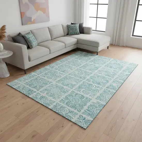 Turquoise And Ivory Medallion Washable Area Rug With UV Protection Photo 2