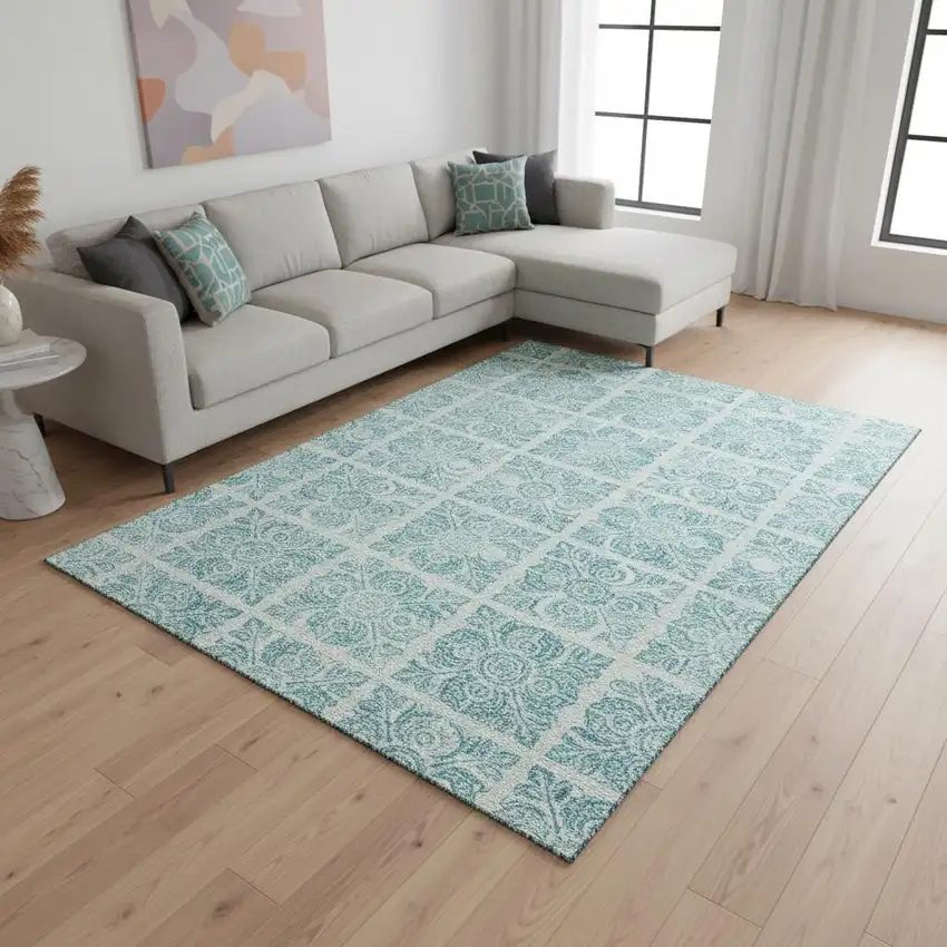 Turquoise And Ivory Medallion Washable Area Rug With UV Protection Photo 2