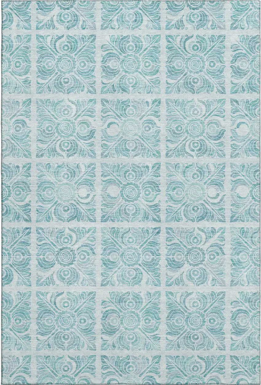 Turquoise And Ivory Medallion Washable Area Rug With UV Protection Photo 1