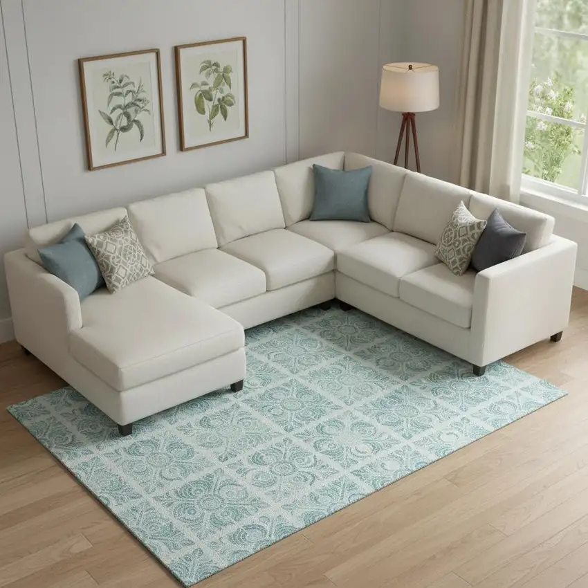 Turquoise And Ivory Medallion Washable Area Rug With UV Protection Photo 1