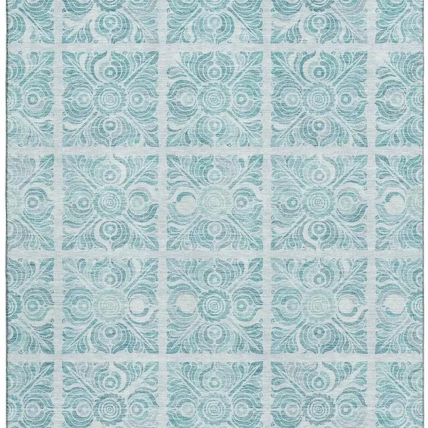 Turquoise And Ivory Medallion Washable Area Rug With UV Protection Photo 4