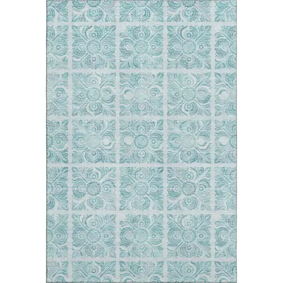 Turquoise And Ivory Medallion Washable Area Rug With UV Protection Photo 1