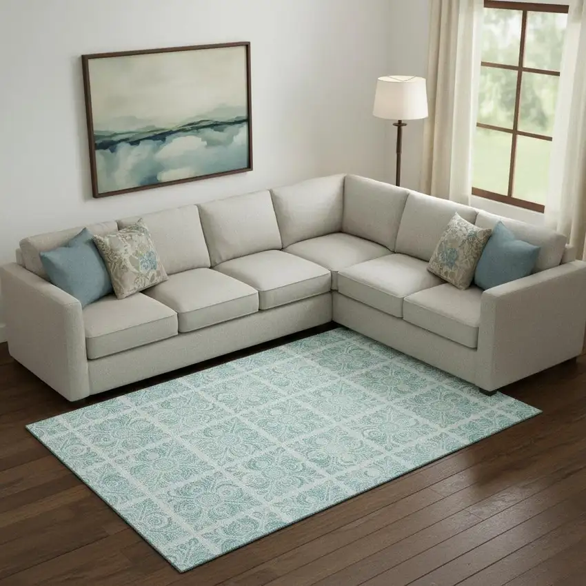 Turquoise And Ivory Medallion Washable Area Rug With UV Protection Photo 1