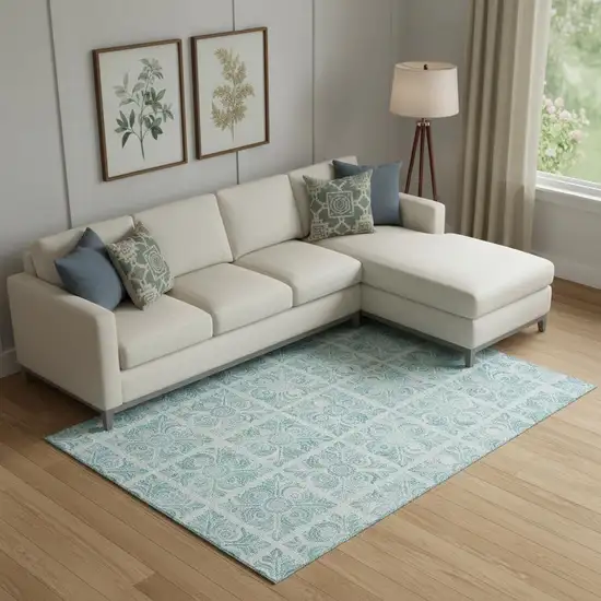 Turquoise And Ivory Medallion Washable Area Rug With UV Protection Photo 1