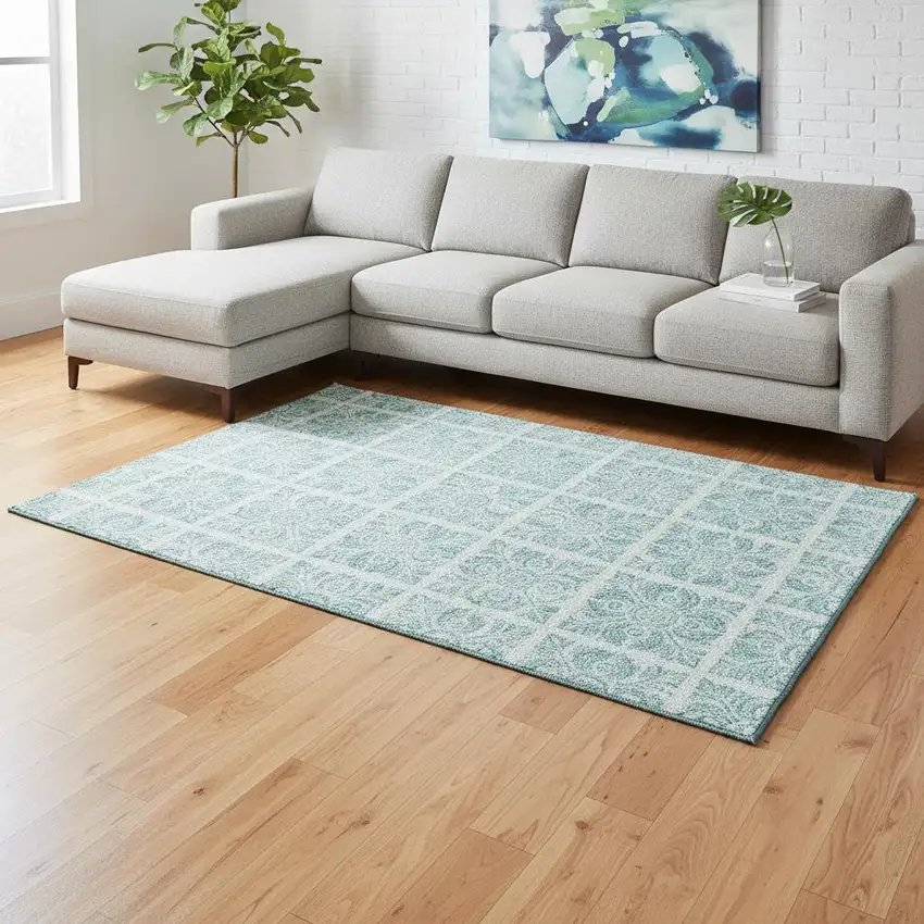 Turquoise And Ivory Medallion Washable Area Rug With UV Protection Photo 2