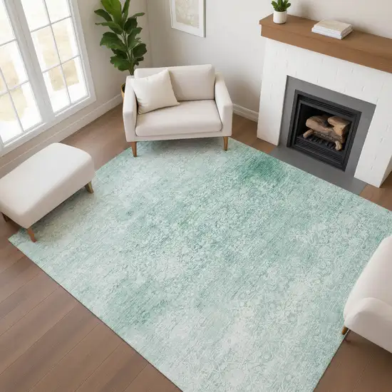 Turquoise And Ivory Oriental Washable Area Rug With UV Protection Photo 4