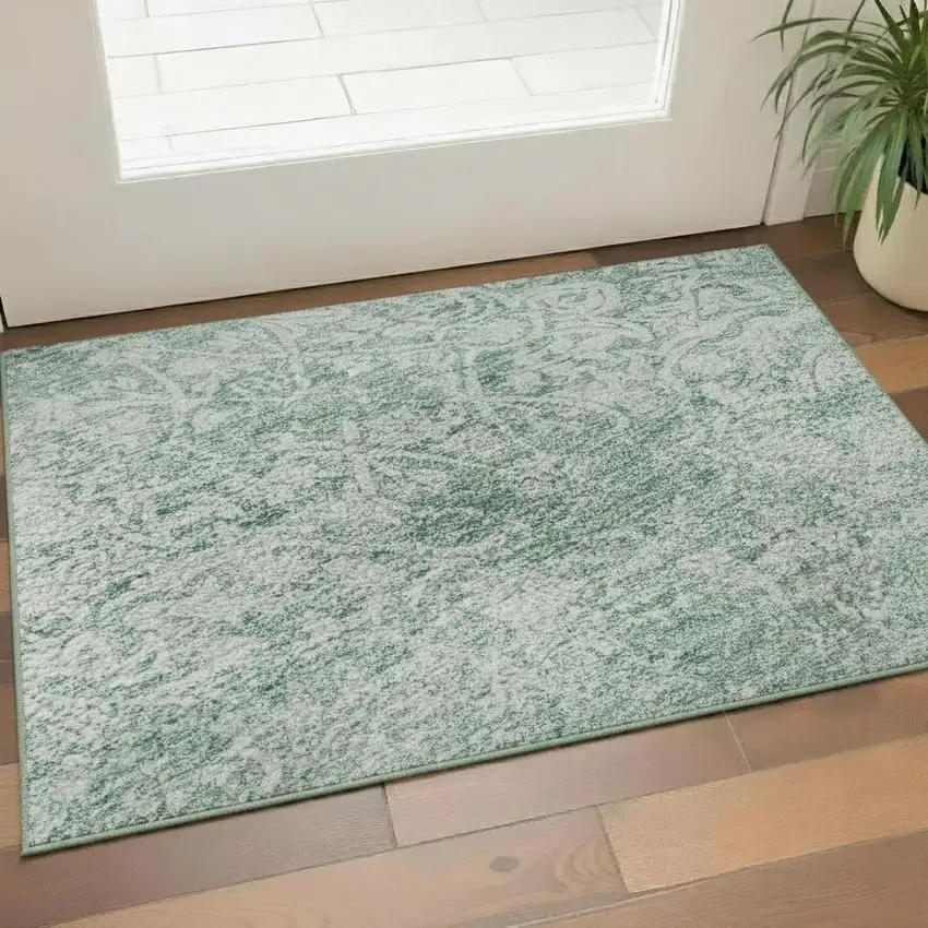 Turquoise And Ivory Oriental Washable Area Rug With UV Protection Photo 2