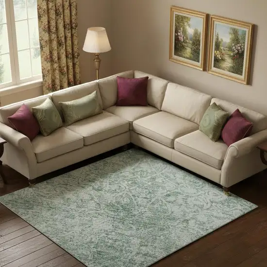 Turquoise And Ivory Oriental Washable Area Rug With UV Protection Photo 2